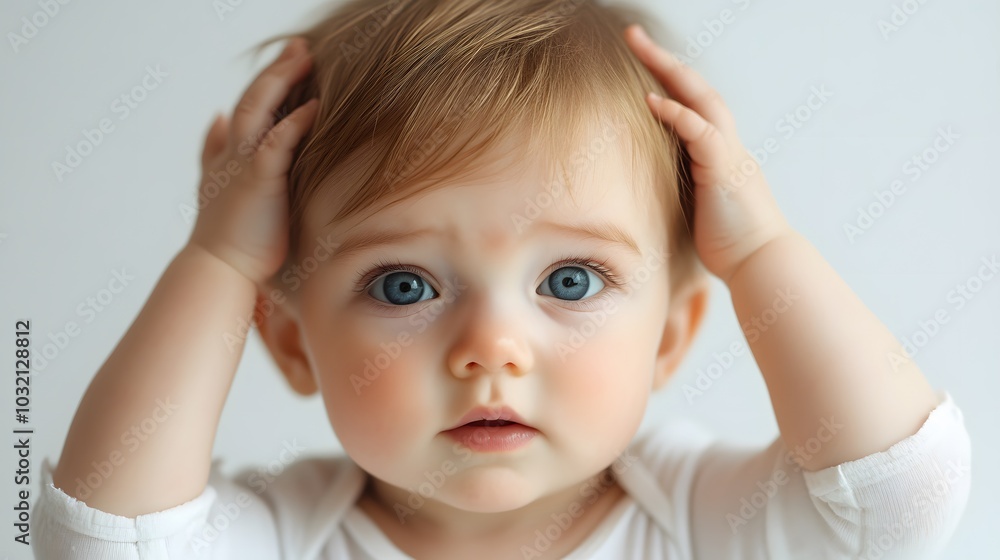 A close-up portrait of a baby with a frustrated expression, hands on head, set against a pure white background, highlighting innocent features through soft studio lighting. A close-up portrait of a baby with a frustrated expression, hands on head, set against a pure white background, highlighting innocent features through soft studio lighting.