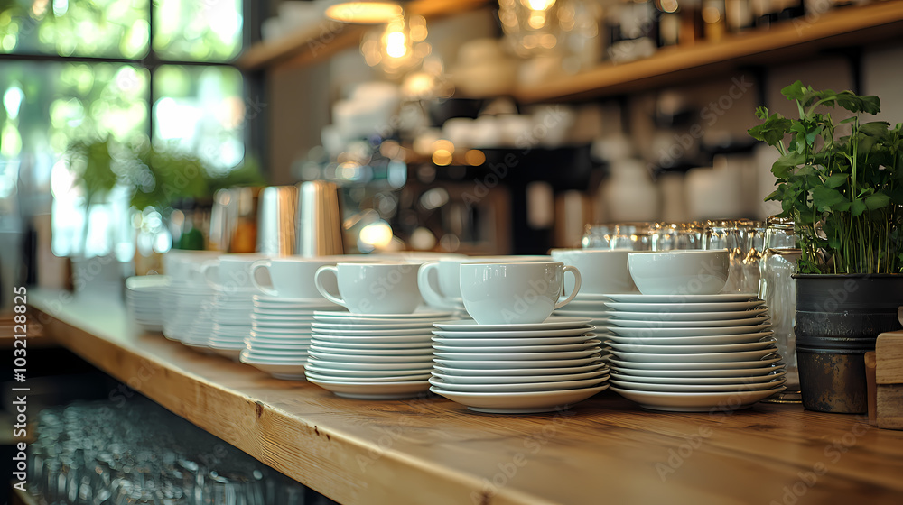 Clean dishes on the bar counter close-up. Restaurant bar with copy space and ready for work. Clean dishes on the bar counter close-up. Restaurant bar with copy space and ready for work.
