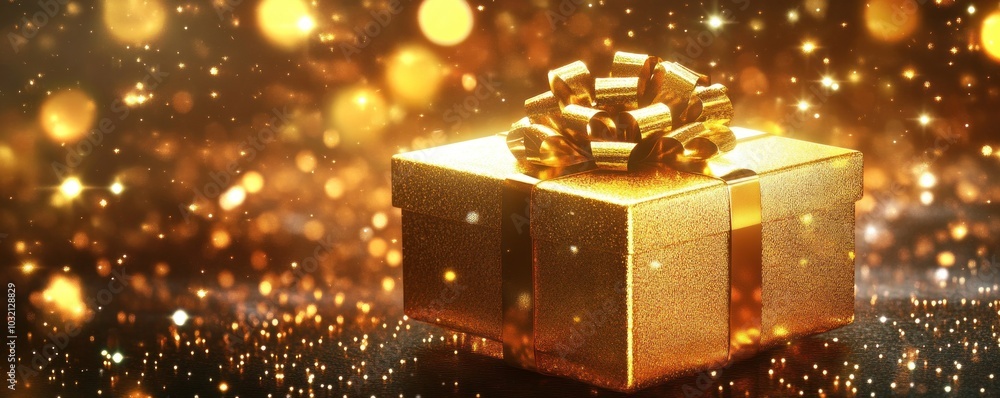 Radiant gold-wrapped gift box with luminous effects Radiant gold-wrapped gift box with luminous effects