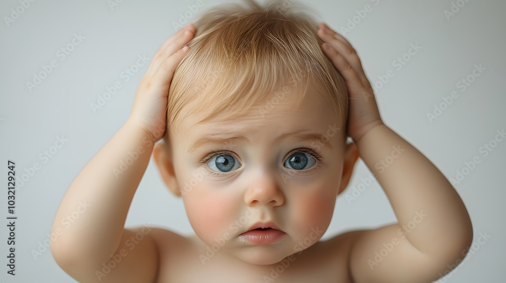A close-up portrait of a baby with a frustrated expression, hands on head, set against a pure white background, highlighting innocent features through soft studio lighting. A close-up portrait of a baby with a frustrated expression, hands on head, set against a pure white background, highlighting innocent features through soft studio lighting.