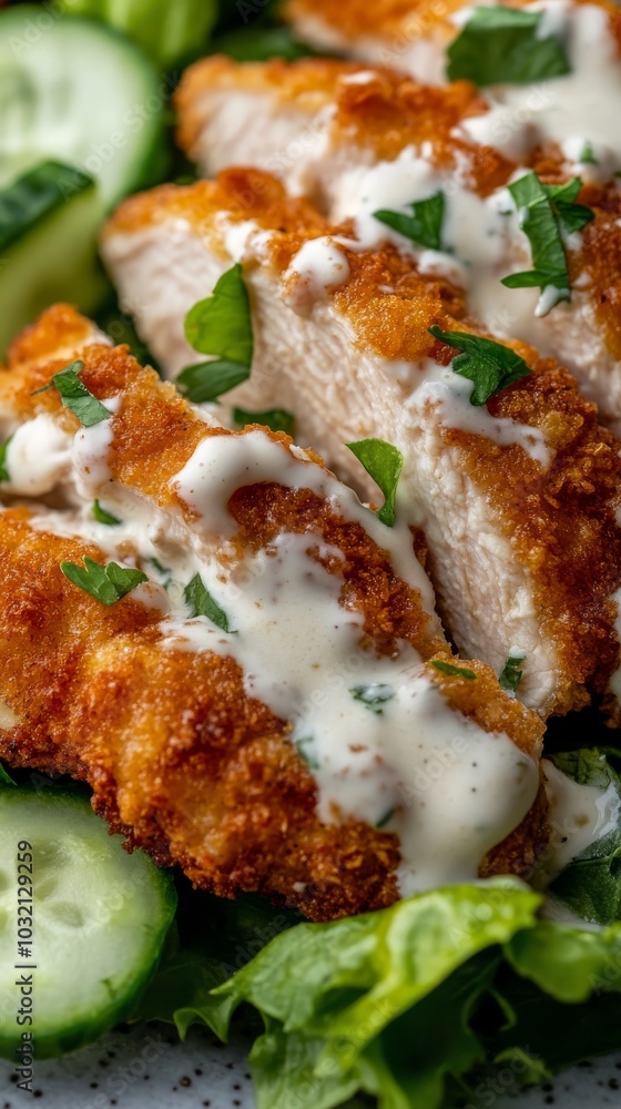 Sliced breaded chicken breast covered in a creamy garlic sauce is served over a bed of fresh lettuce and cucumber slices Sliced breaded chicken breast covered in a creamy garlic sauce is served over a bed of fresh lettuce and cucumber slices
