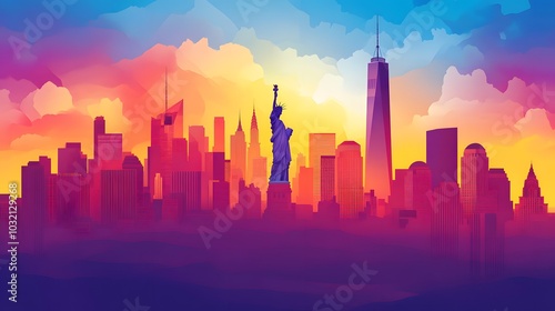Vibrant sunset skyline with the Statue of Liberty in the foreground.