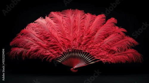 Sophisticated red feather fan is standing open on a black background, creating a striking contrast. The vibrant red feathers and delicate structure of the fan evoke a sense of elegance and allure