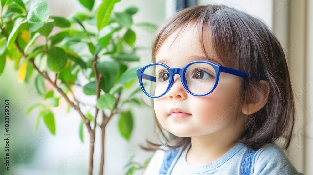 Young child wearing blue glasses focusing on distant tree outside window, symbolizing myopia prevention and importance of outdoor activities. Young child wearing blue glasses focusing on distant tree outside window, symbolizing myopia prevention and importance of outdoor activities.