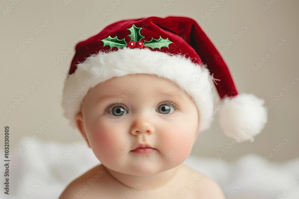 A cute baby wearing a festive red Christmas hat with white fur trim and holly decoration, exuding warmth and joy. A cute baby wearing a festive red Christmas hat with white fur trim and holly decoration, exuding warmth and joy.