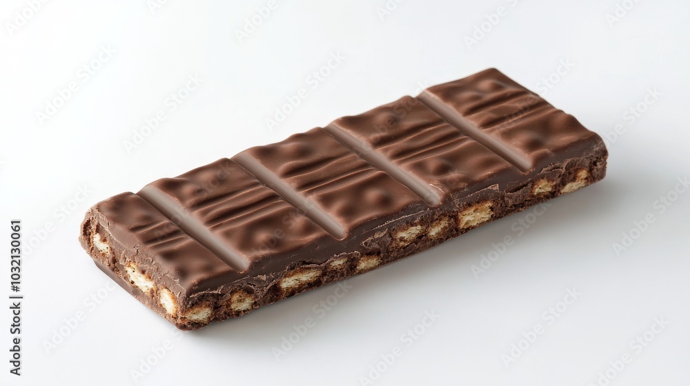 A chocolate wafer bar, all by itself, against a white backdrop. A chocolate wafer bar, all by itself, against a white backdrop.