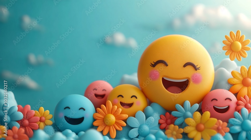 Vibrant 3D World Emoji Day banner featuring cheerful smiling emojis celebrating joy and mental wellbeing Left side left blank for text emphasizing mental health awareness and positivity Vibrant 3D World Emoji Day banner featuring cheerful smiling emojis celebrating joy and mental wellbeing Left side left blank for text emphasizing mental health awareness and positivity