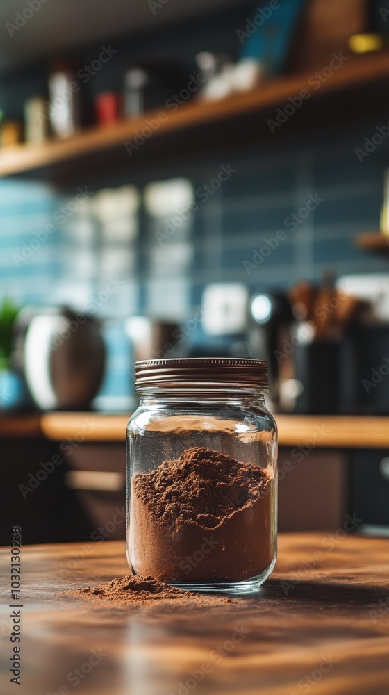 Glass jar filled with cocoa powder is sitting on a countertop in a modern kitchen, ready to be used in a delicious recipe Glass jar filled with cocoa powder is sitting on a countertop in a modern kitchen, ready to be used in a delicious recipe