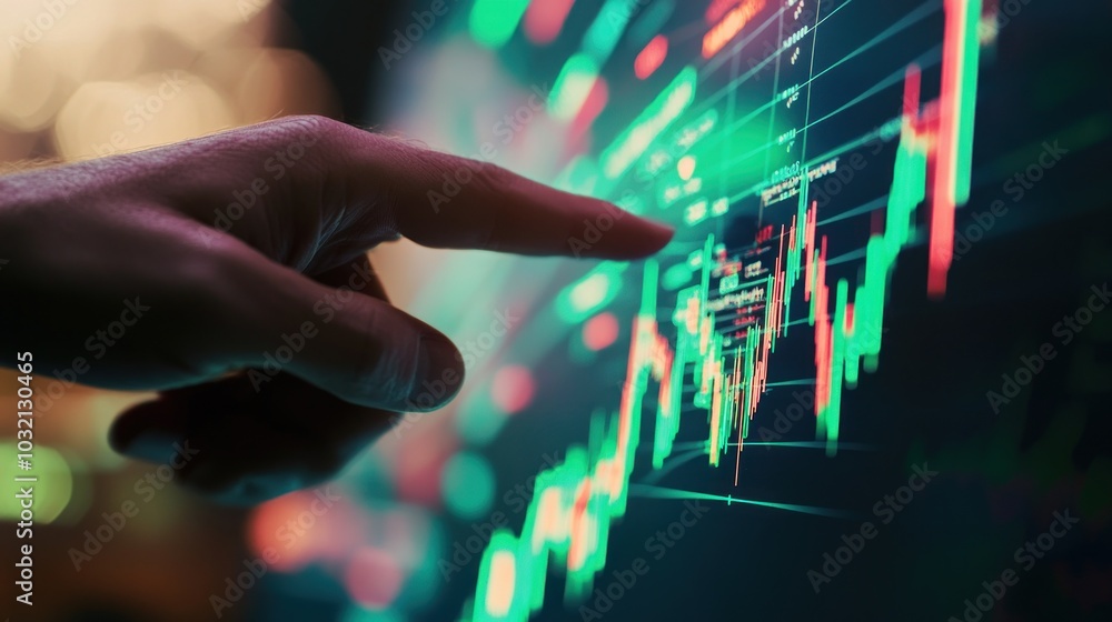 Hand Pointing at Stock Market Data on Screen Hand Pointing at Stock Market Data on Screen