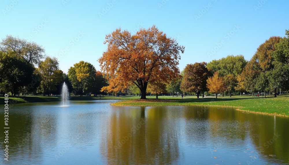 Colorful autumn foliage reflects in serene lake water on a sunny day Colorful autumn foliage reflects in serene lake water on a sunny day
