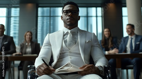 Confident Black man in a tailored suit during an important business meeting.