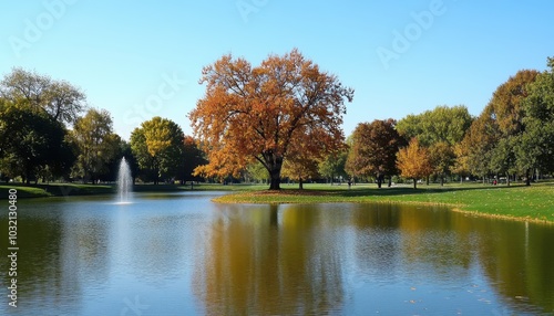 Colorful autumn foliage reflects in serene lake water on a sunny day