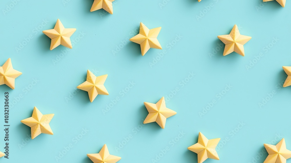 A flat lay of yellow star-shaped decorations scattered on a light blue background, creating a playful and cheerful aesthetic., Seamless pattern background A flat lay of yellow star-shaped decorations scattered on a light blue background, creating a playful and cheerful aesthetic., Seamless pattern background