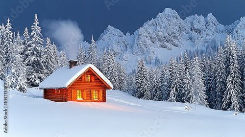 lovely wooden hut in the snowy mountain landscape