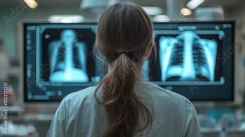 Medical diagnostic analysis: A female doctor utilizes advanced imaging and body scanning technology across several monitors in a futuristic medical environment