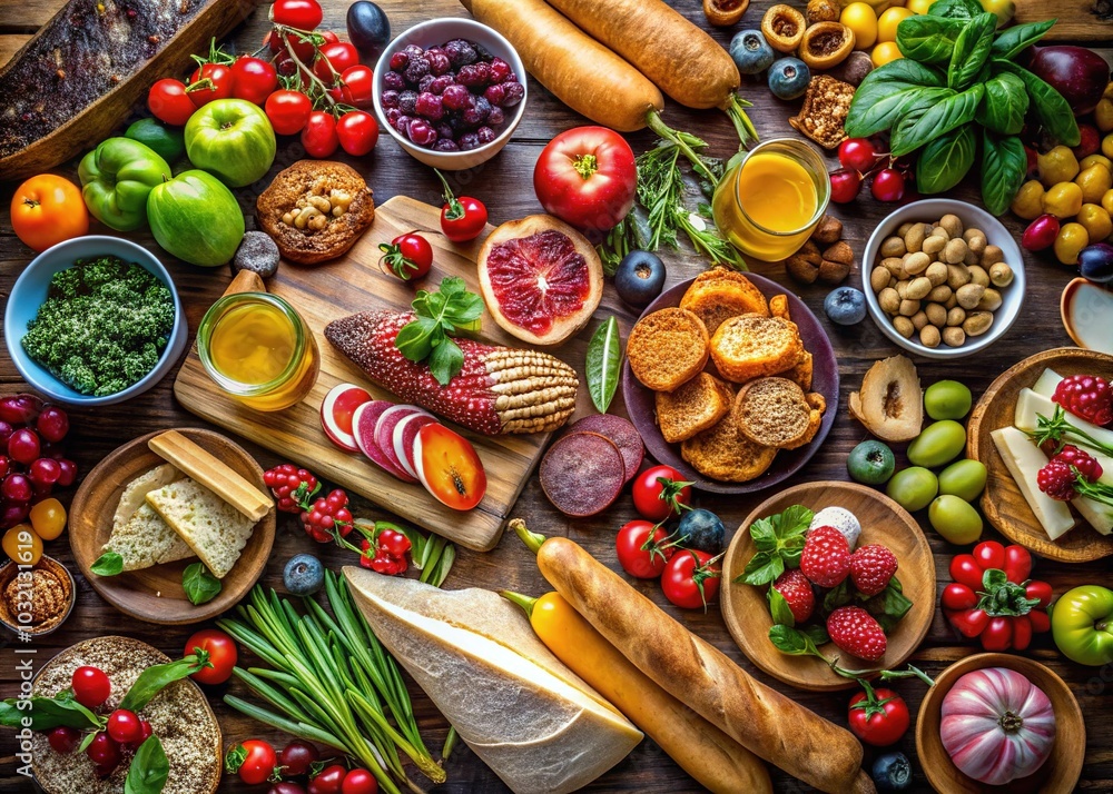 Top View of a Colorful Table Spread with Fresh Fruits, Vegetables, Meats, and Bread - Perfect for Food Photography, Culinary Arts, and Healthy Eating Concepts Top View of a Colorful Table Spread with Fresh Fruits, Vegetables, Meats, and Bread - Perfect for Food Photography, Culinary Arts, and Healthy Eating Concepts