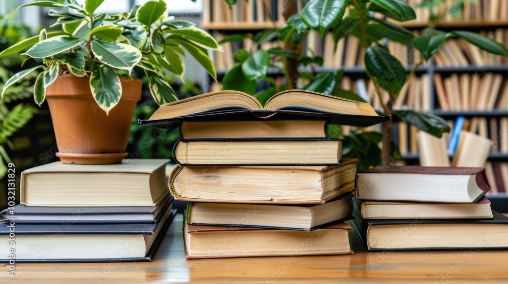 A Stack of Books on a Table with a Plant in a Pot A Stack of Books on a Table with a Plant in a Pot