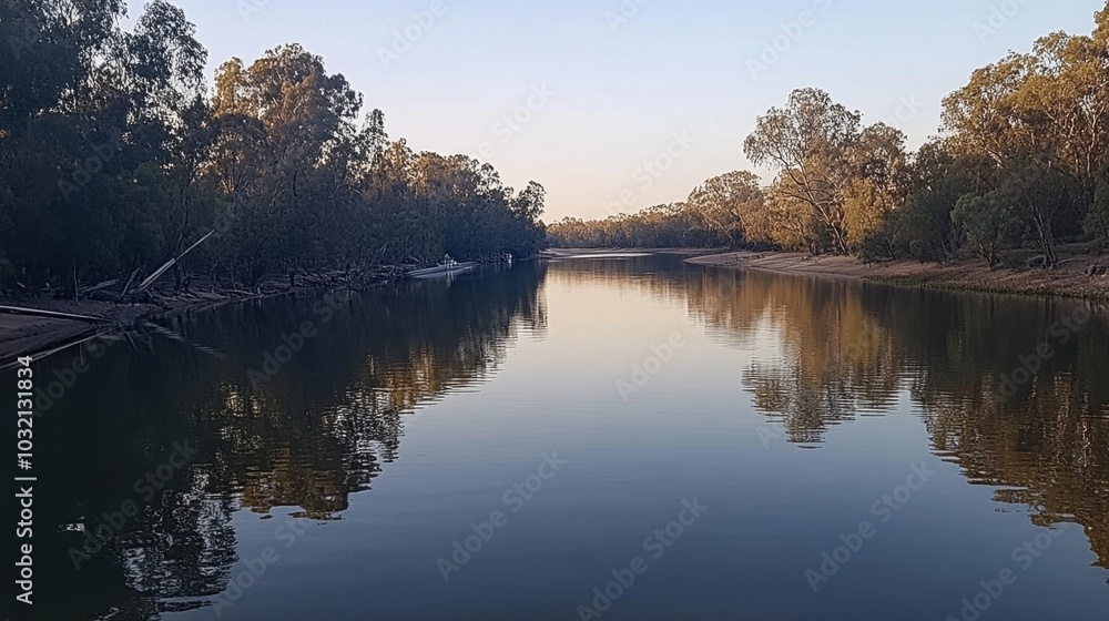 Fototapeta premium Tranquil Reflection on Calm River at Dusk
