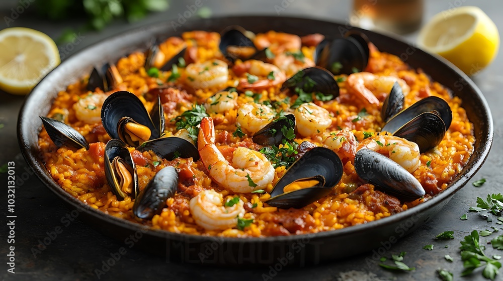 A close-up shot of a paella dish with shrimp, mussels, and rice. A close-up shot of a paella dish with shrimp, mussels, and rice.