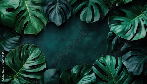 Tropical jungle frame with lush monstera leaves and space for custom text backdrop