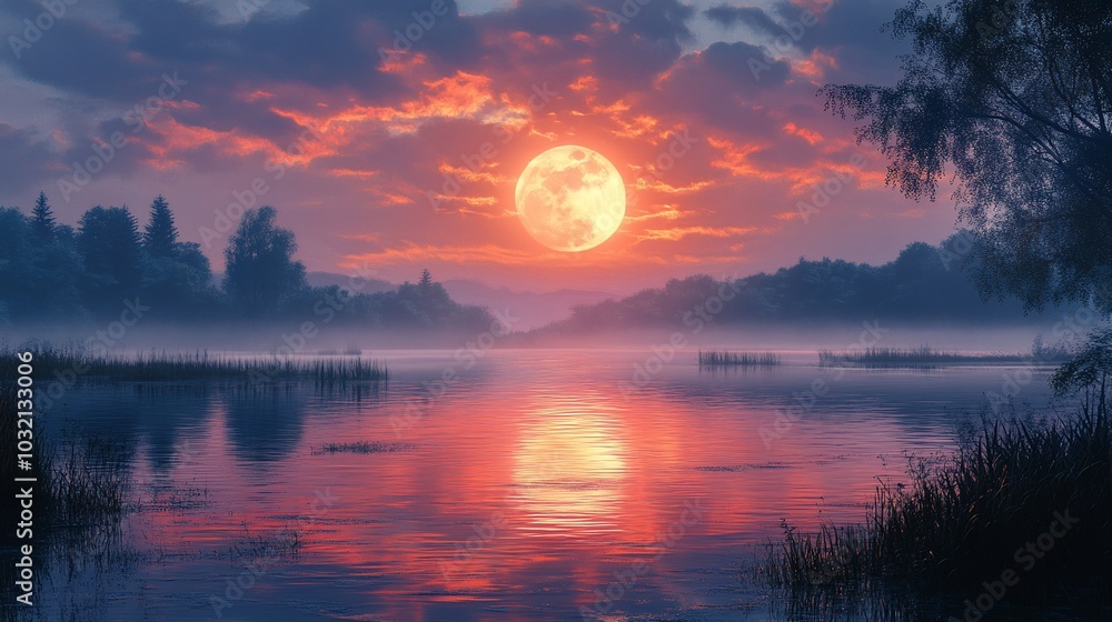 Fototapeta premium A serene landscape featuring a vibrant sunset over a calm lake, reflecting colorful skies.