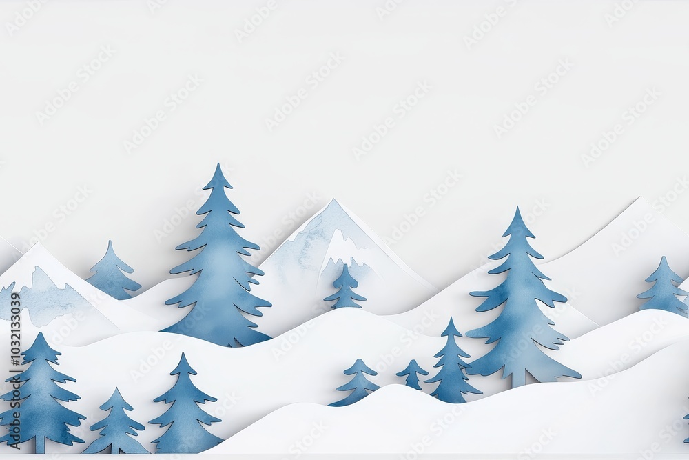 Obraz premium A serene, artistic representation of blue trees and mountains in a snowy landscape, showcasing a minimalist winter theme., Seamless pattern background