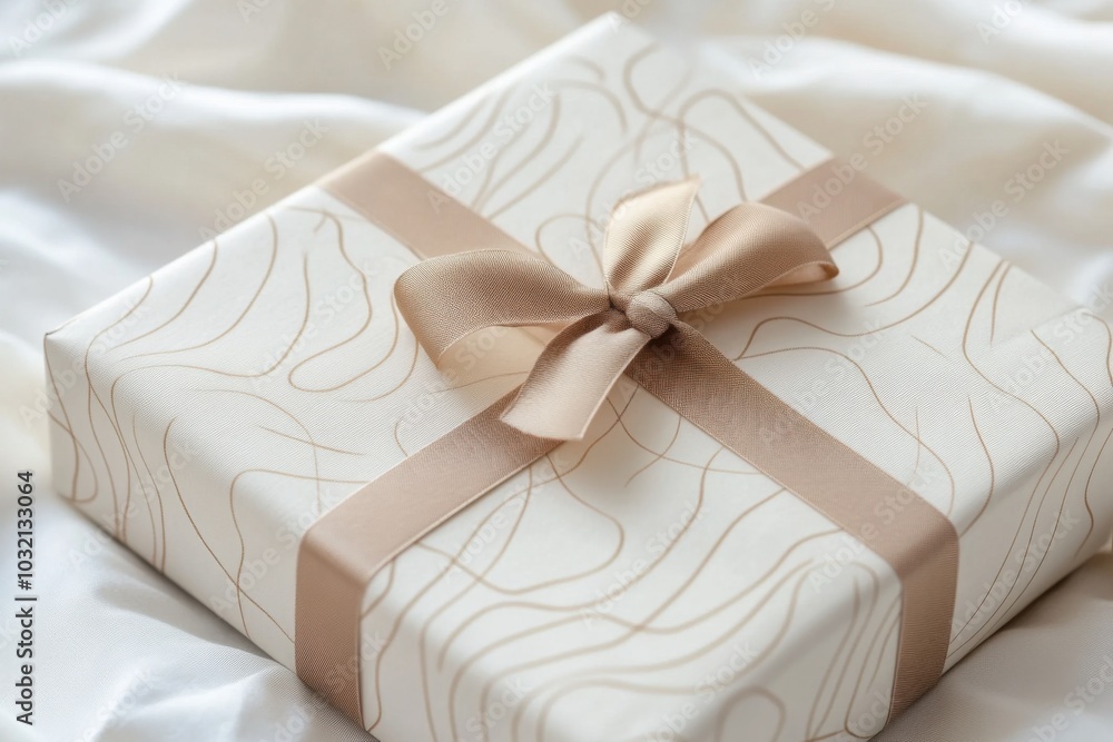 Elegant Gift Box with Ribbon on Soft Fabric Background Elegant Gift Box with Ribbon on Soft Fabric Background
