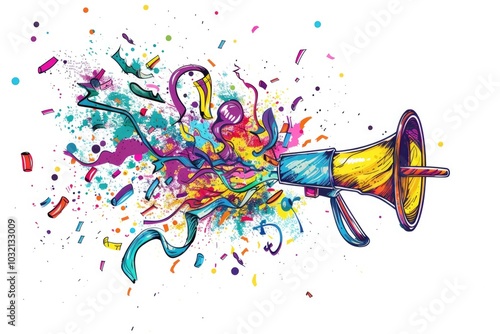 A trumpet decorated with vibrant paint splatters, perfect for music or art related uses photo