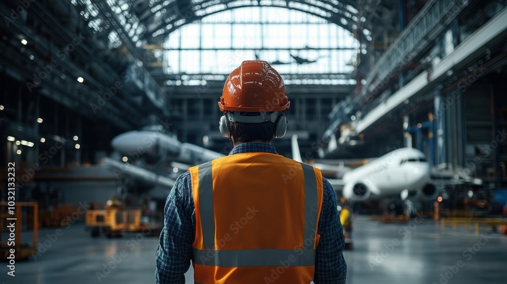 A male worker wearing a safety helmet and vest stands in an aircraft hangar, observing the environment. The image captures the essence of industrial work in aviation. A male worker wearing a safety helmet and vest stands in an aircraft hangar, observing the environment. The image captures the essence of industrial work in aviation.