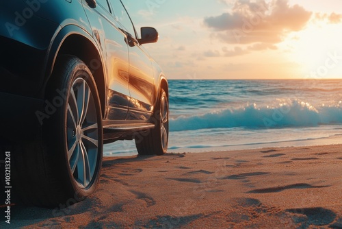 SUV Parked On Sandy Beach At Sunset With Ocean Waves In The Background photo