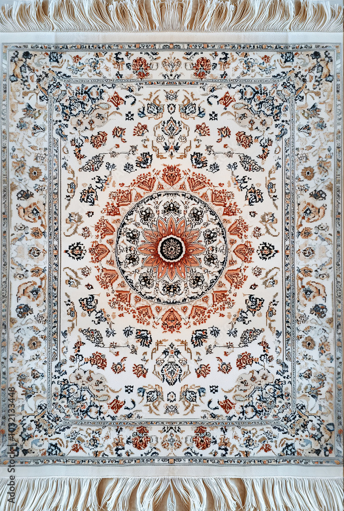 Fototapeta premium Persian Rug with Soft Ivory and Orange Floral Patterns