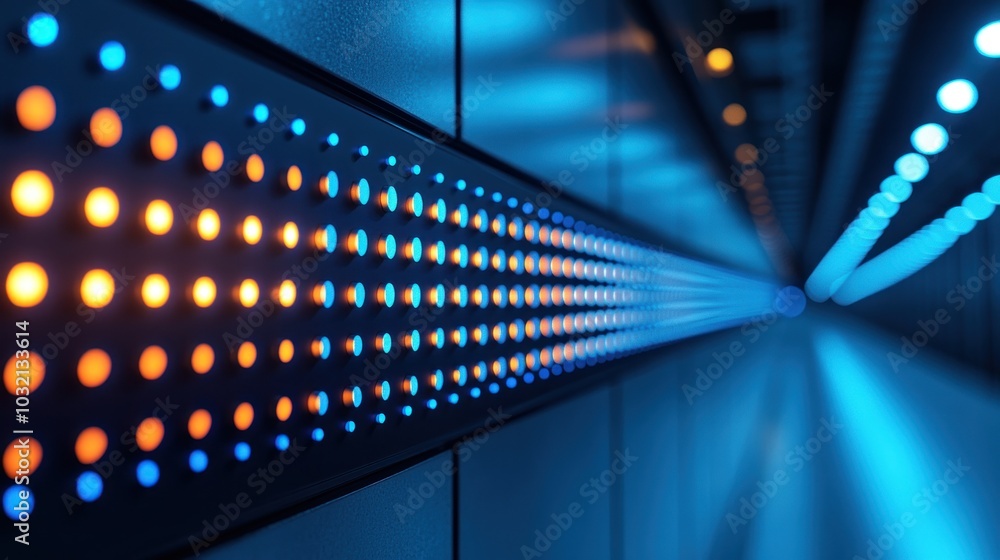 A futuristic hallway with glowing blue and orange lights on the wall creating a tunnel effect. A futuristic hallway with glowing blue and orange lights on the wall creating a tunnel effect.