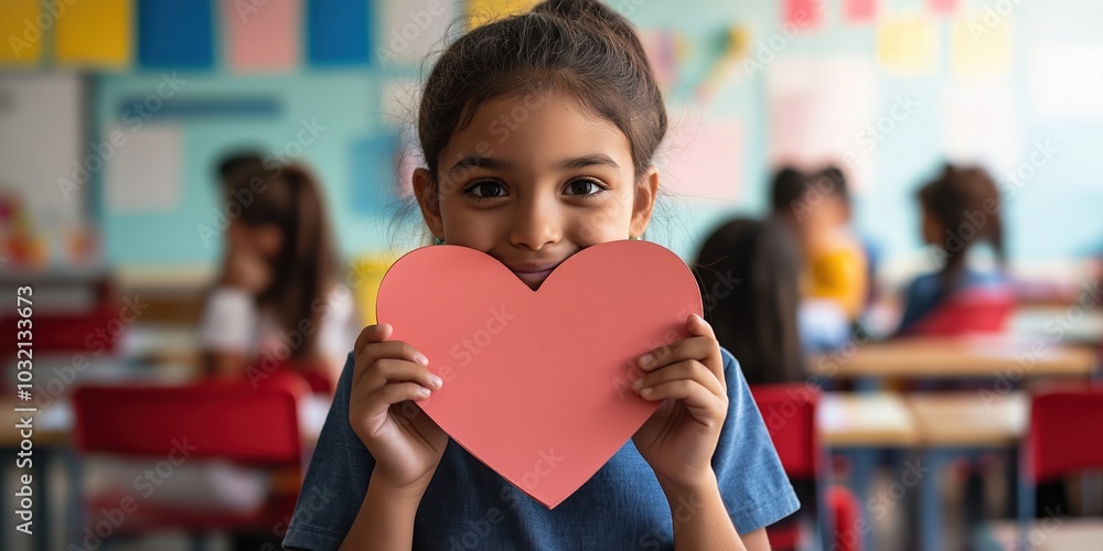 A young girl is holding a heart-shaped paper in her hand. She is surrounded by other children in a classroom setting. Concept of warmth and affection A young girl is holding a heart-shaped paper in her hand. She is surrounded by other children in a classroom setting. Concept of warmth and affection