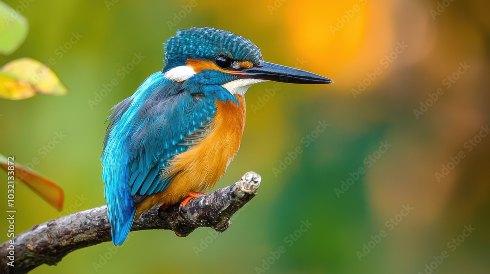 Fototapeta premium vibrant kingfisher perched on branch, showcasing its stunning blue and orange plumage against blurred background. This captivating bird exudes sense of tranquility and beauty in nature