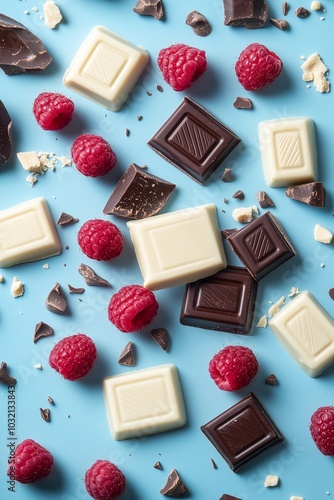 flying chocolate with rospberry on blue background  photo