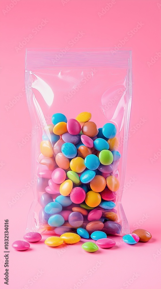 lots of hard candy in a transparent plastic bag isolated on pastel background lots of hard candy in a transparent plastic bag isolated on pastel background