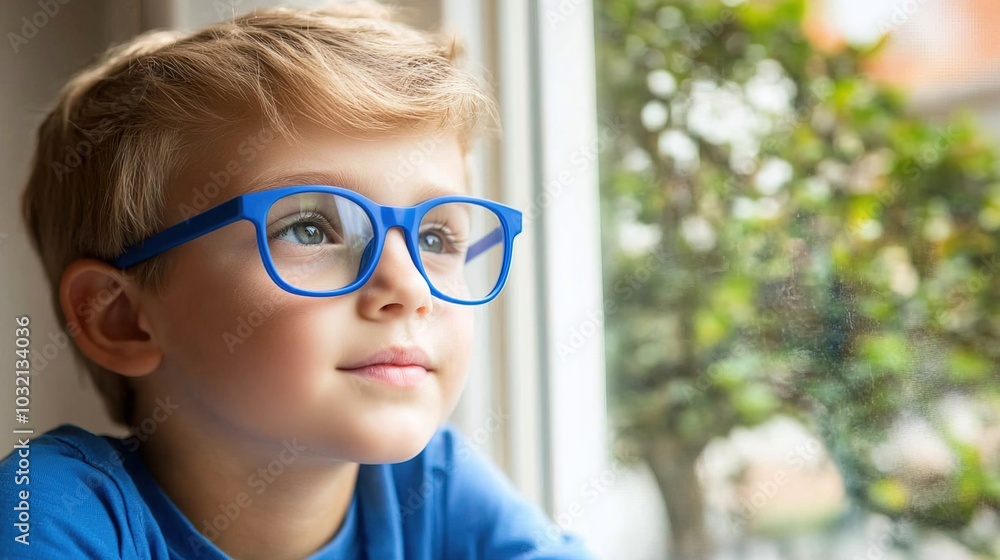 Young child wearing blue glasses focusing on distant tree outside window, symbolizing myopia prevention and importance of outdoor activities. Young child wearing blue glasses focusing on distant tree outside window, symbolizing myopia prevention and importance of outdoor activities.