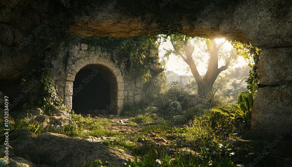 Fototapeta premium Resurrection of Jesus at the empty tomb during sunrise with nature's beauty