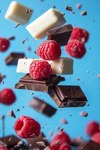 flying chocolate with rospberry on blue background  photo