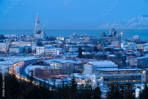 Reykjavik, the capital of Iceland, in winter, at night,