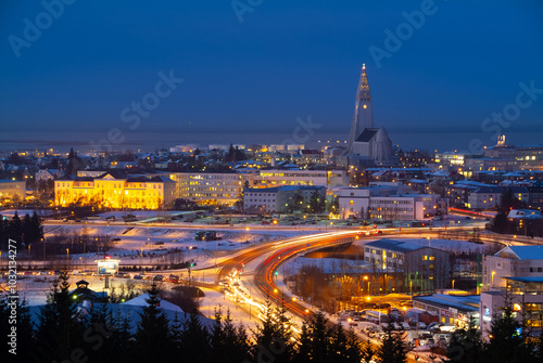 Reykjavik, the capital of Iceland, in winter, at night,