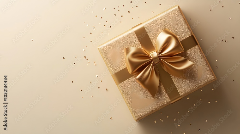 A luxurious gold gift box adorned with a shiny golden ribbon and bow, featuring a minimalist design against a white background, perfect for elegant gifting. A luxurious gold gift box adorned with a shiny golden ribbon and bow, featuring a minimalist design against a white background, perfect for elegant gifting.