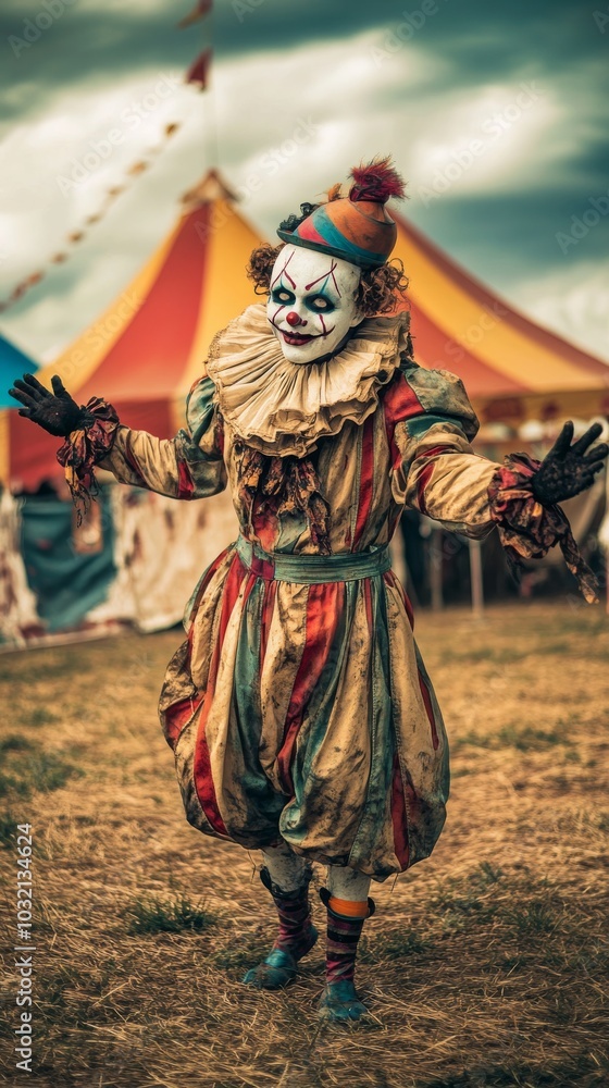 Chilling clown with grimy makeup poses in a field by a circus tent, creating a spooky atmosphere perfect for halloween or a creepy event Chilling clown with grimy makeup poses in a field by a circus tent, creating a spooky atmosphere perfect for halloween or a creepy event