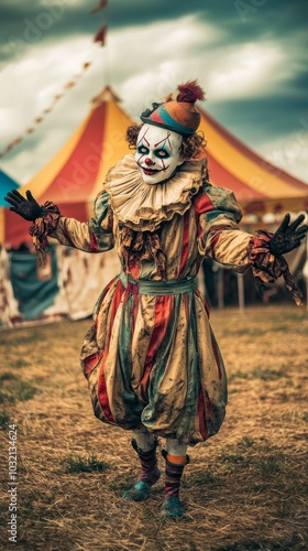 Chilling clown with grimy makeup poses in a field by a circus tent, creating a spooky atmosphere perfect for halloween or a creepy event