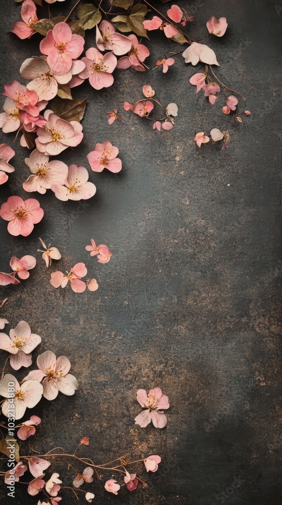 Delicate pink spring flowers on rustic stone, perfect for romantic projects. Top-down view highlights nature's beauty. Ideal for weddings, birthdays, or mother's day Delicate pink spring flowers on rustic stone, perfect for romantic projects. Top-down view highlights nature's beauty. Ideal for weddings, birthdays, or mother's day
