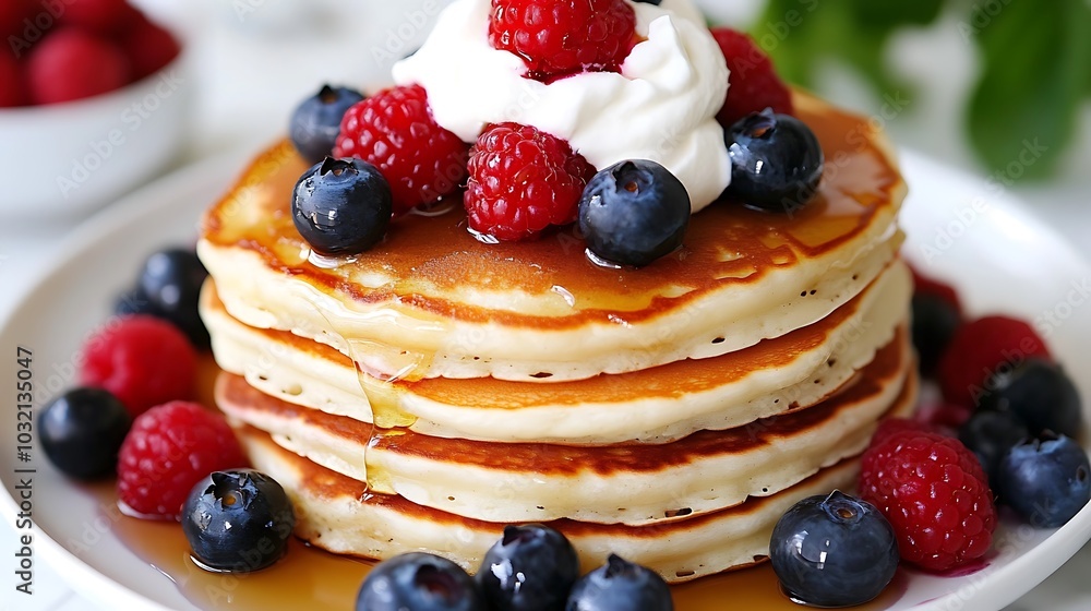 A stack of four golden brown pancakes topped with whipped cream, blueberries, raspberries, and a drizzle of maple syrup. A stack of four golden brown pancakes topped with whipped cream, blueberries, raspberries, and a drizzle of maple syrup.