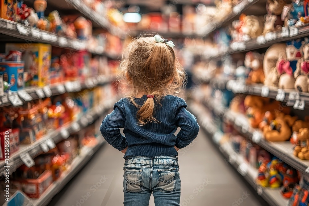 A young child stands in a toy store aisle, looking at colorful toys on the shelves, surrounded by an array of playful and cheerful items.