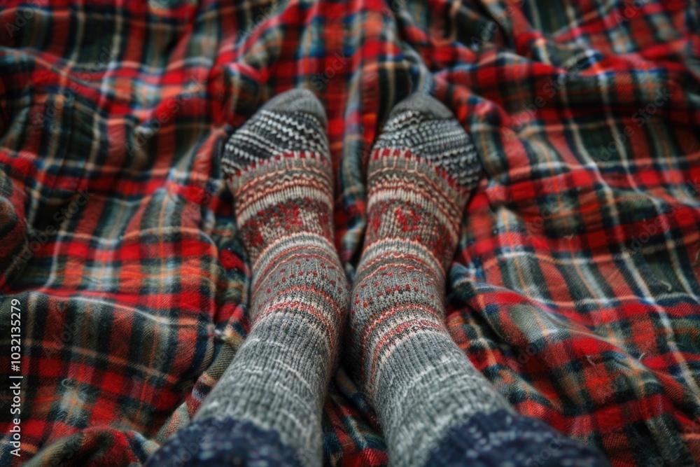 A person's feet wrapped in woolen socks on a colorful plaid blanket A person's feet wrapped in woolen socks on a colorful plaid blanket