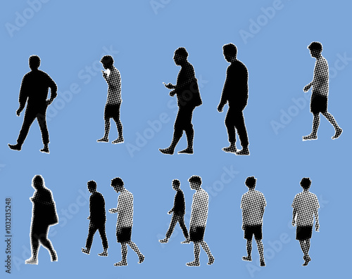 set of people walking pixelate grayscale color halftone dotted texture style collage element isolated on blue background