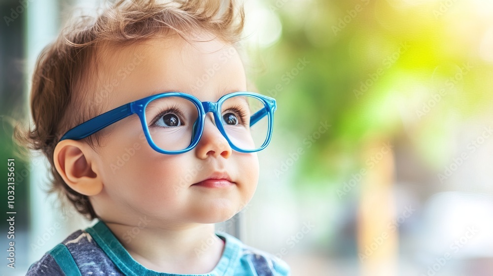 Young child wearing blue glasses focusing on distant tree outside window, symbolizing myopia prevention and importance of outdoor activities. Young child wearing blue glasses focusing on distant tree outside window, symbolizing myopia prevention and importance of outdoor activities.